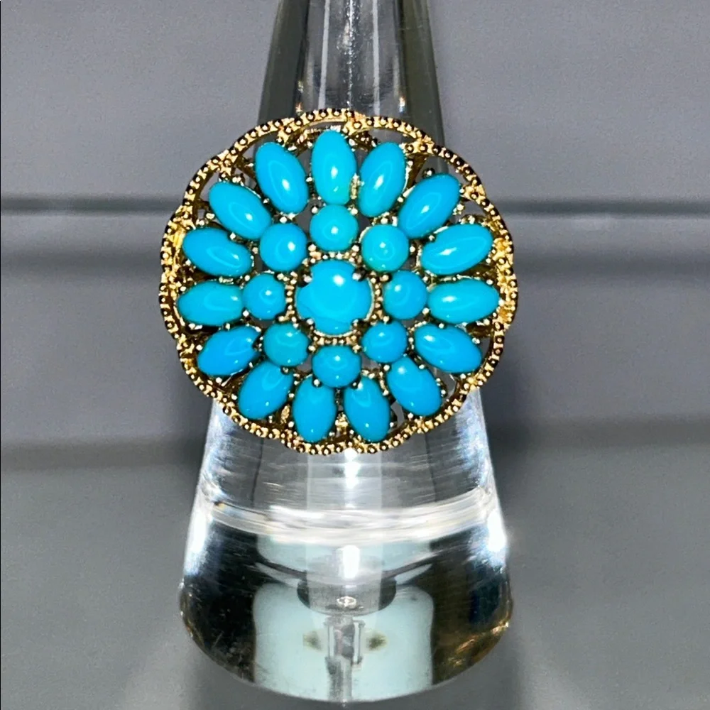NWOT Genuine Turquoise Gemstone Gold Plated Sterling Silver Designer Ring Boho
